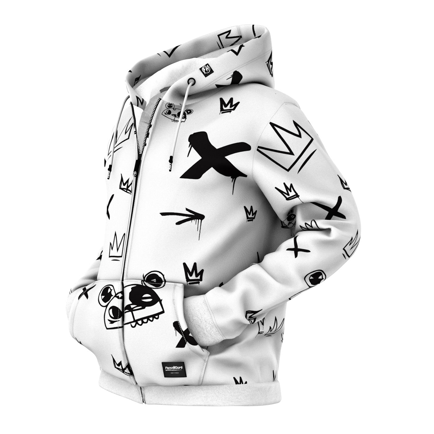 Kings Pattern White Zip Up Hoodie