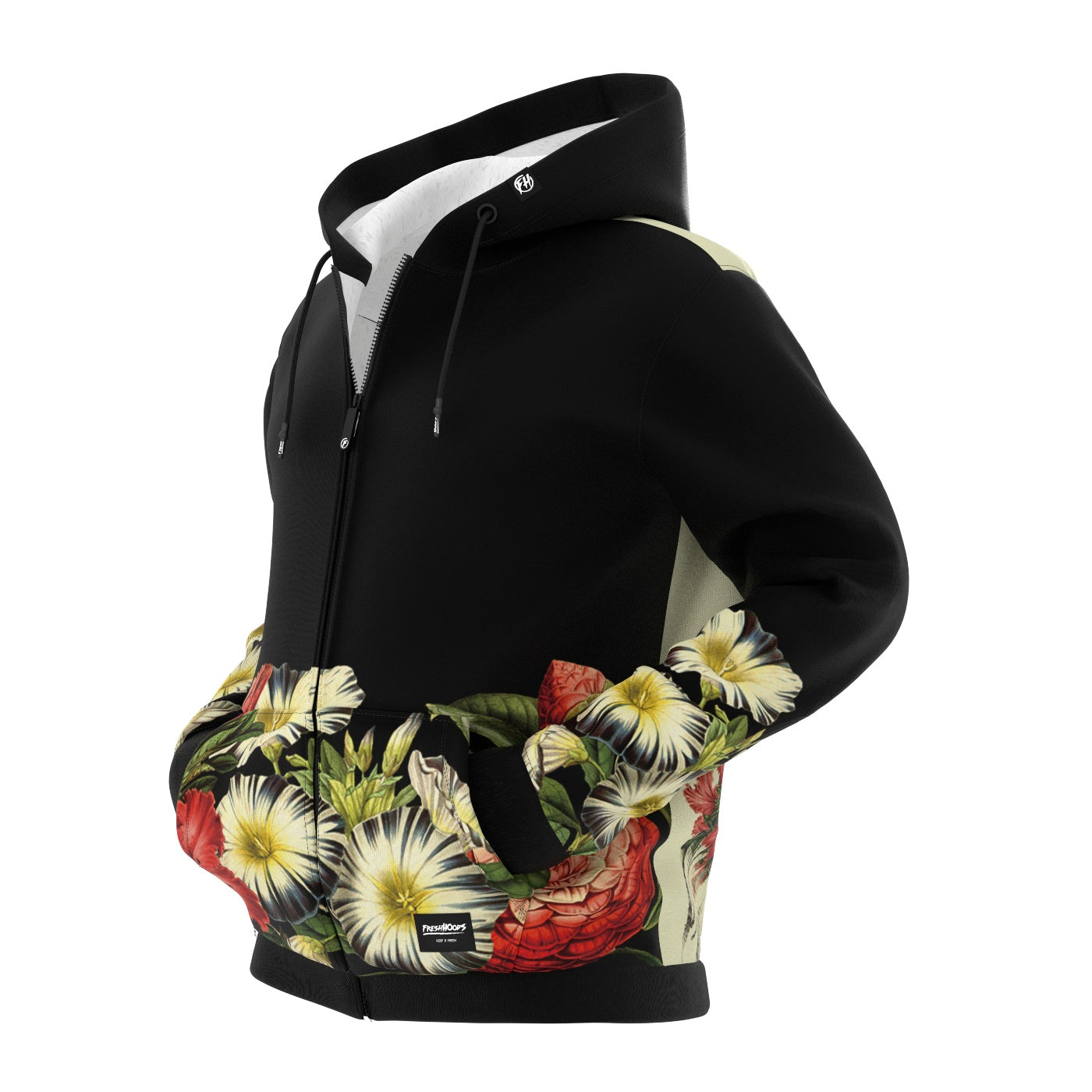 Black Cat Vintage Flowers Zip Up Hoodie