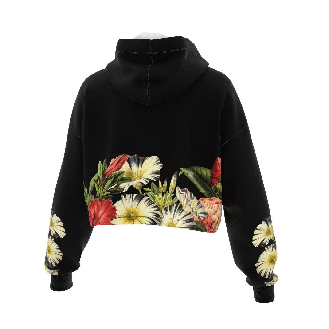 Black Cat Vintage Flowers Cropped Hoodie